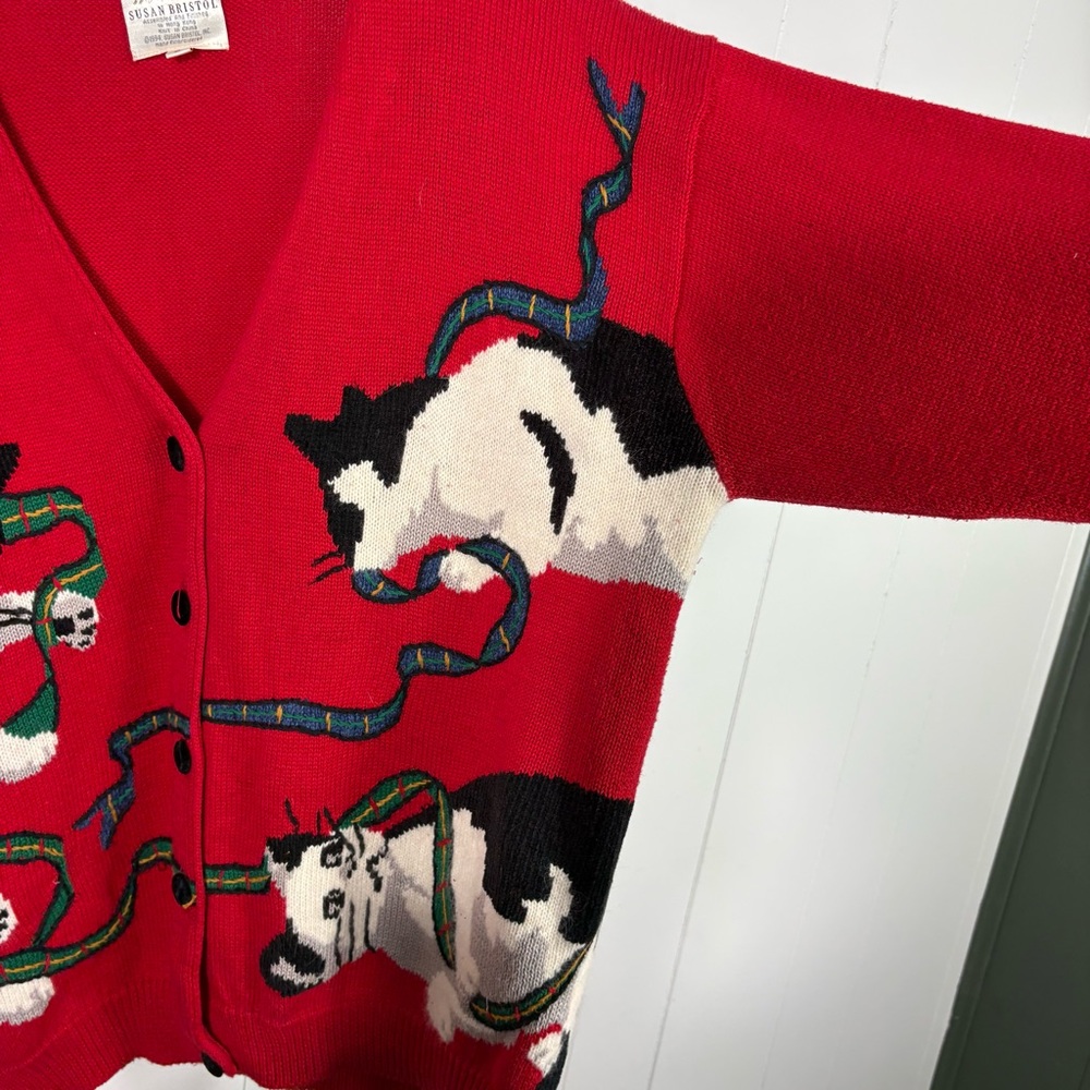 Susan Bristol Cat Kitten Print Hand Knit Vintage 1995 Sweater Wool Cardigan L - Picture 6 of 8